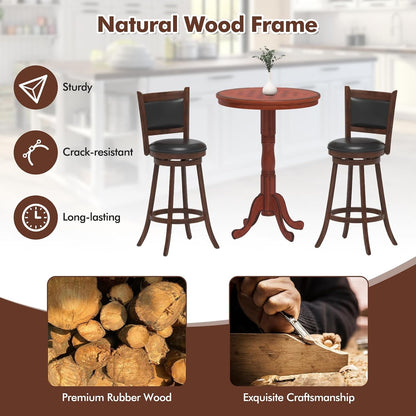 3 Piece Bar Table and Chairs Set, Round Counter Height Dining Table with Chessboard, 2 Upholstered Swivel Bar Stools, Rubber Wood Frame, Farmhouse Pub Table Set for Kitchen, Bistro