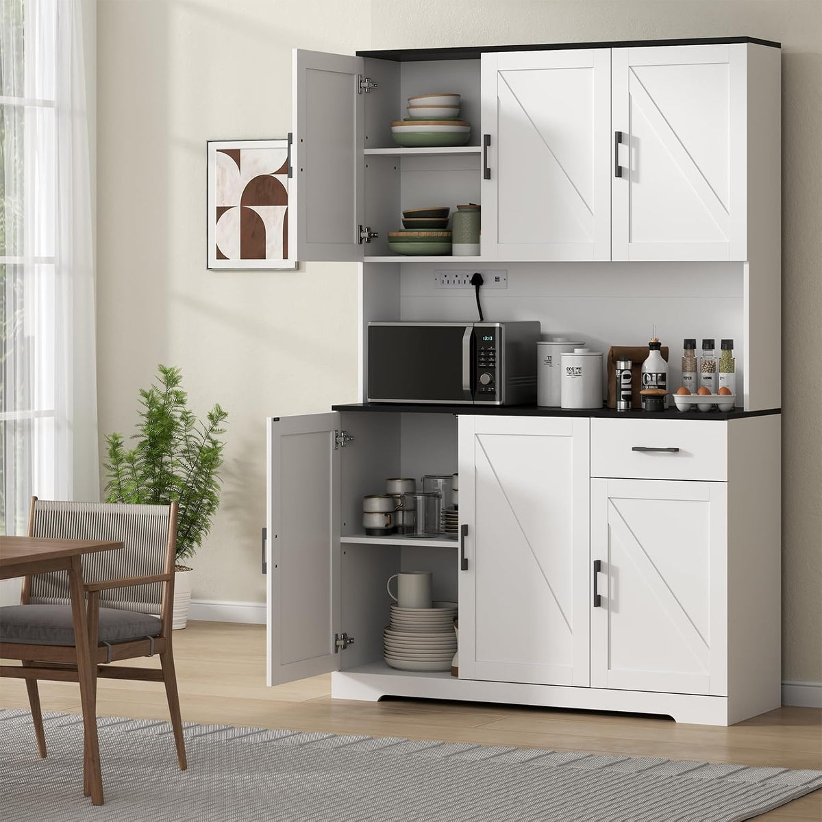 71" Tall Kitchen Pantry Storage Cabinet with Charging Station,Farmhouse Buffet Cabinet with Microwave Shelf,Large Kitchen Hutch Cabinet Doors & Drawer,Food Pantry for Dining Room,Living Room (White)