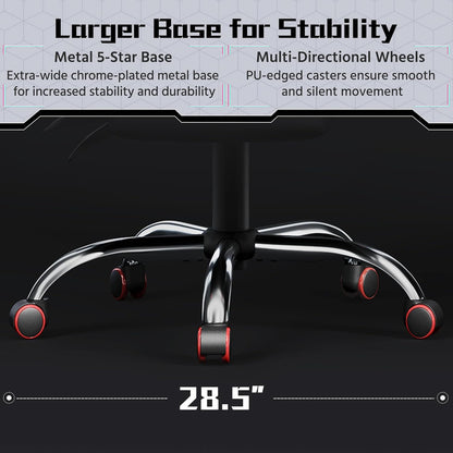 Yaheetech Gaming Chair with Massage Lumbar Pillow High Back Reclining Red | PU leather racing seat with thick foam padding, massaging lumbar cushion, headrest, and steady recline for all-day comfort.