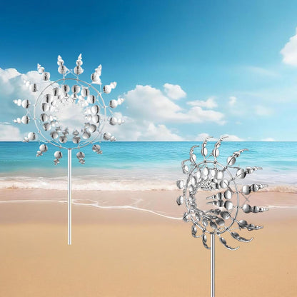 Windmill for Yard and Garden,Wind Spinner,Magical Metal Windmill, 3D Wind Powered Kinetic Sculpture, Dual-Tiered Opposite-Directional Rotation, Stainless Steel Wind Spinners (Silver)