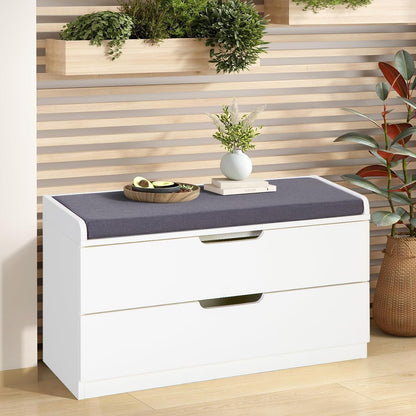 MFSTUDIO Large Shoe Storage Bench, White Wood Shoe Entryway Bench with Seating Padded Cushion, 2 Drawers, Freestanding Shoe Rack Organizer for Entryway Hallway Living Room, Grey Cushion