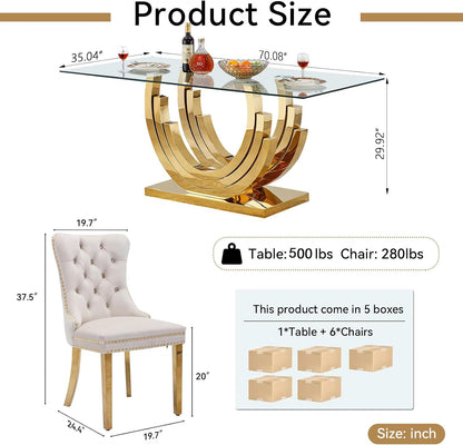 SSLine 7-Piece Gold Glass Dining Table Set for 6, Modern Luxury 70" Glass Dining Room Table with Three-Ring Shape Stainless Steel Base, Elegant Kitchen Table Set with 6 Beige Tufted Chairs