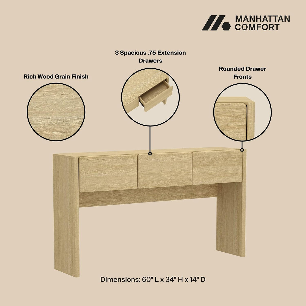 Manhattan Comfort Linda Modern Console Table with 3 Storage Drawers – 60" Narrow Entryway Stand for Living Room, Hallway, or Dining Room – Wood Grain Accent Furniture, Natural Oak