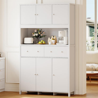 Garvee 71" H Pantry Cabinet with Charging Station, Tall Kitchen Pantry Storage Cabinet with Countertop, Modern Kitchen Hutch with Storage Drawers for Living Room, Dining Room, White