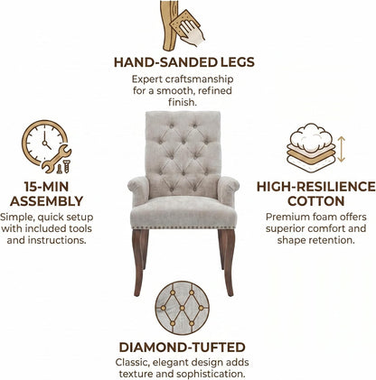 Upholstered Dining Chairs with Arms, Greyish Beige, 1 Pack | Tufted Chenille Kitchen Chairs with Arms, Modern Farmhouse Armchair with Nailhead Trim for Dining Room, Home Office