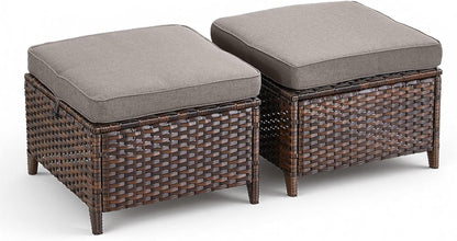 Patio Wicker Ottomans Set of 2, All Weather Outdoor Rattan Ottoman Seat, 2 Pieces Outdoor Patio Ottomans, Outdoor Footstool Footrest Seat, Brown Wicker Grey Cushions