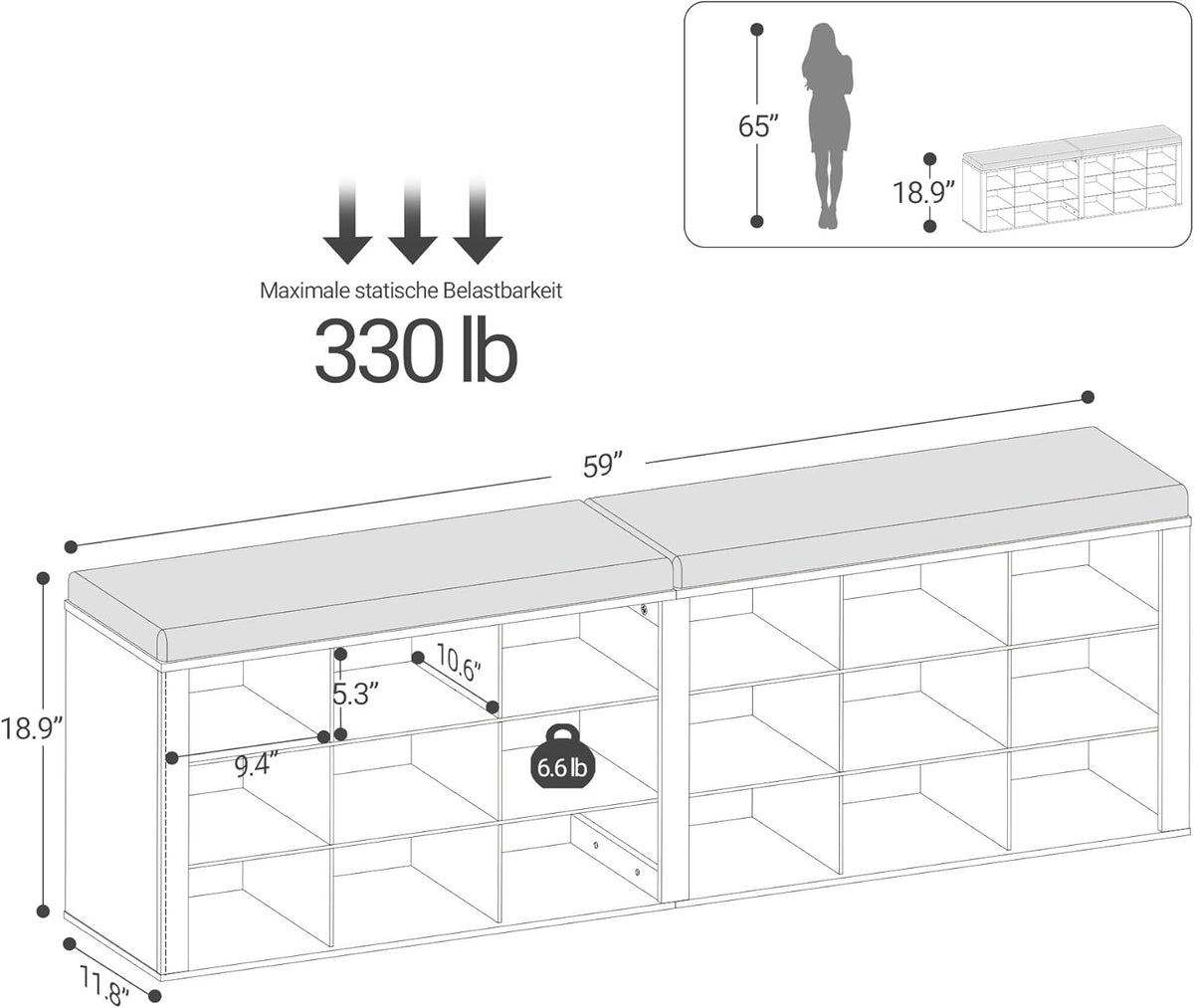 Hzuaneri Shoe Storage Bench with Cushion, Entryway Storage Bench with 18 Cubbies, 9.5" Widened Organizer Cabinet, Long Cubby Rack for Living Room, Bedroom, Entryway, White and Brown SB25714KA