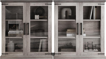 BELLEZE Set of 2 Glass Display Cabinet, 36" Tall Cabinet with Shelves and Glass Doors for Entryway, Living Room, Hallway, or Kitchen - Ashford (Gray Wash)