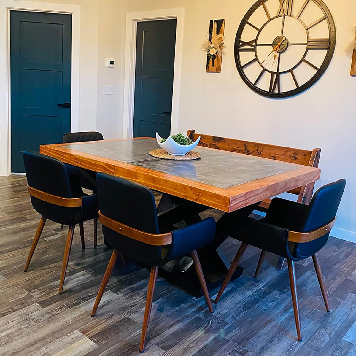 LUNLING Mid Century Modern Faux Leather Dining Chairs Set of 2, Black, Upholstered Seat, Metal Legs, Adjustable Foot for Kitchen Dining Room Desk Chairs