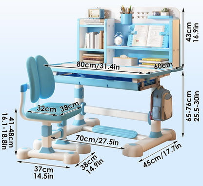 Kids Desk and Chair Set, 46" Study Desk with Bookstand & Storage | Adjustable Height Ergonomic Student Desk with Posture Corrector, Footrest for Children's Room (Pink, Blue) (Blue)