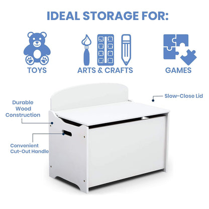 Delta Children MySize Toddler Bed, Bianca White + MySize Kids Wood Table and 2 Chair Set + MySize Deluxe Toy Box (Bundle)