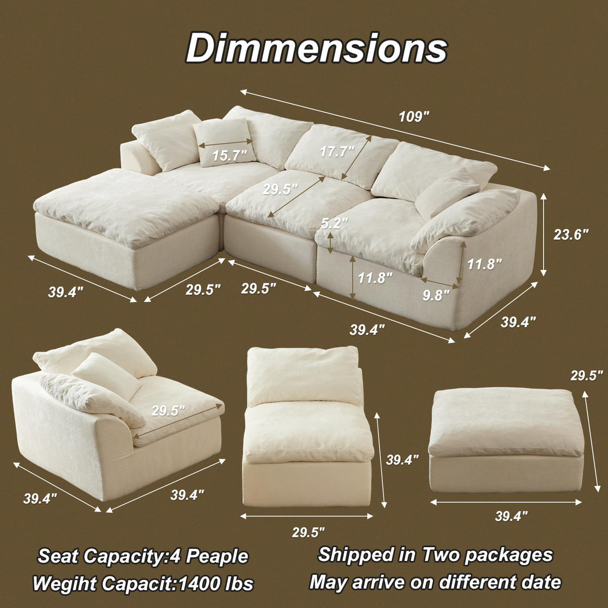 109" Cloud Couch Sectional for Living Room, Oversized Modular L Shaped Sofa with Ottoman, Deep Seat Chenille Sectional Couch, Convertible Sofa Bed for Ultimate Comfort(Lvory White)