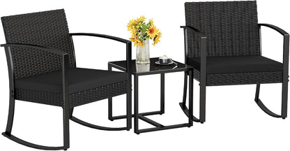 Homall Patio Furniture Set 3 Piece Resin Outdoor Bistro Set Rocking Patio Chairs with Cushions and Table for Porch, Poolside, Balcony and Yard (Black) | Patio Furniture Set 3 Piece Rocking Patio Chairs with Cushions and Table for Porch, Poolside, Balcony