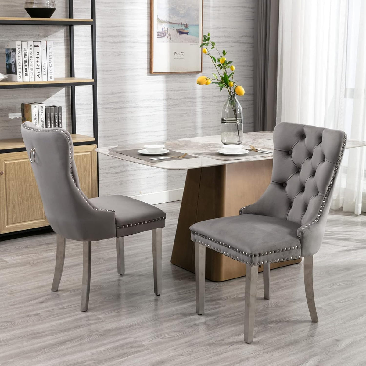 Rustic 7 Piece Dining Table Set, 62.99"-78.74" Extendable Dining Table & 6 Gray Velvet Dining Chairs with Stainless Leg, White Expandable Dining Room Table and Chairs Set