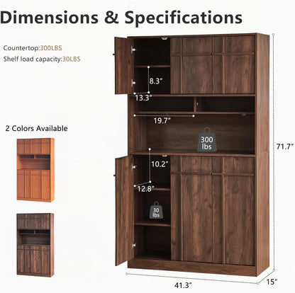 72" Pantry Cabinet, Tall Kitchen Pantry Storage Cabinet with Countertop, Adjustable Shelves, Mid Century Modern Wooden Kitchen Hutch with Skeleton Lines for Living Room, Dining Room, Walnut