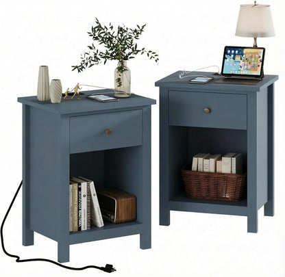 ChooChoo Farmhouse Nightstand with Charging Station Set of 2 | Wooden Top Bedside End Table with Drawer and Storage Space for Bedroom, Blue