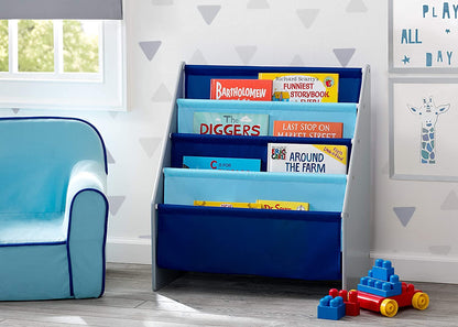 Delta Children MySize Kids Wood Table and Chair Set (2 Chairs Included) & Sling Book Rack Bookshelf for Kids - Easy-to-Reach Storage for Books, Magazines or Coloring Books, Grey/Blue
