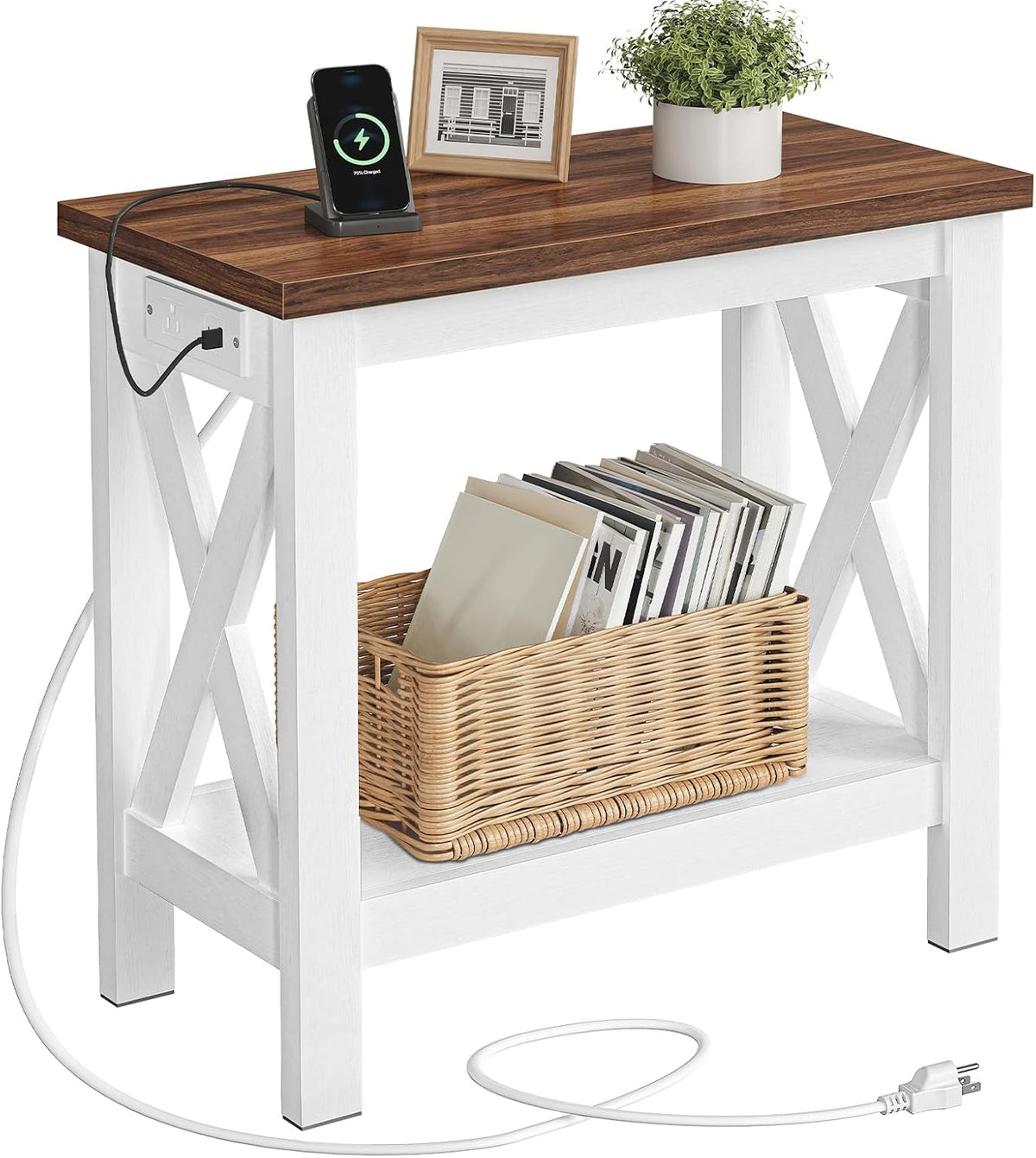 HOOBRO End Table with Charging Station, Farmhouse Narrow Side Table, 2-Tier with Storage Shelves, Slim Nightstand for Small Spaces, Living Room, Bedroom, White and Walnut WH360UBZ01