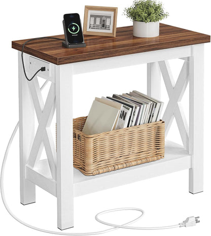 HOOBRO End Table with Charging Station, Farmhouse Narrow Side Table, 2-Tier with Storage Shelves, Slim Nightstand for Small Spaces, Living Room, Bedroom, White and Walnut WH360UBZ01