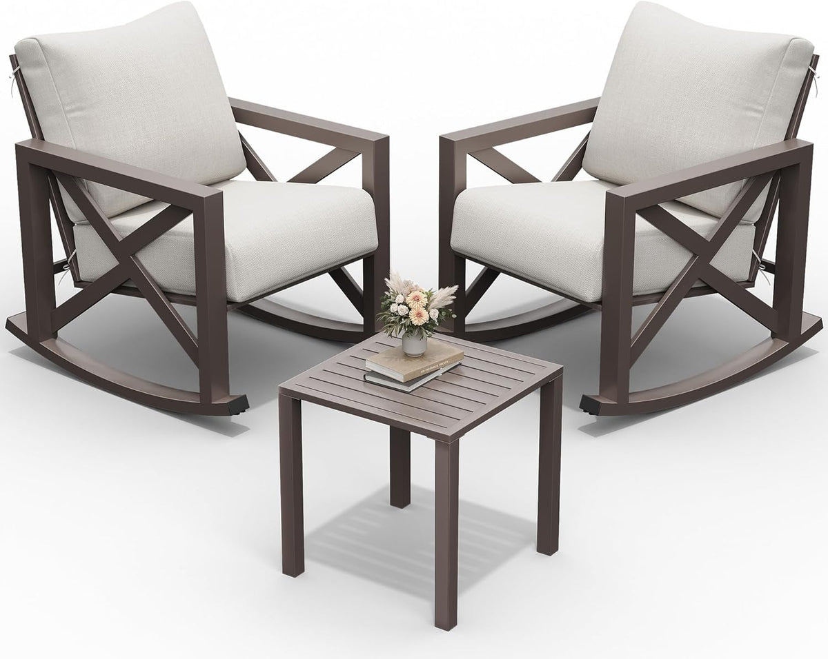 UDPATIO Rocking Chair Outdoor Set 2 with Coffee Table, 3 Piece Metal Rocking Bistro Set with 6.5" Water-Resistant Cushions, Oversized, 350lbs Heavy-Duty, for Porch, Patio, Balcony, Beige