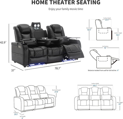 Airadlis Dual Power Home Theater Seating with 7-Color LED, Black, Row of 3 | Zero gravity recliner sofa, USB and Type-C charging, swivel tray and cup holder, lumbar pillow, 4” wall clearance