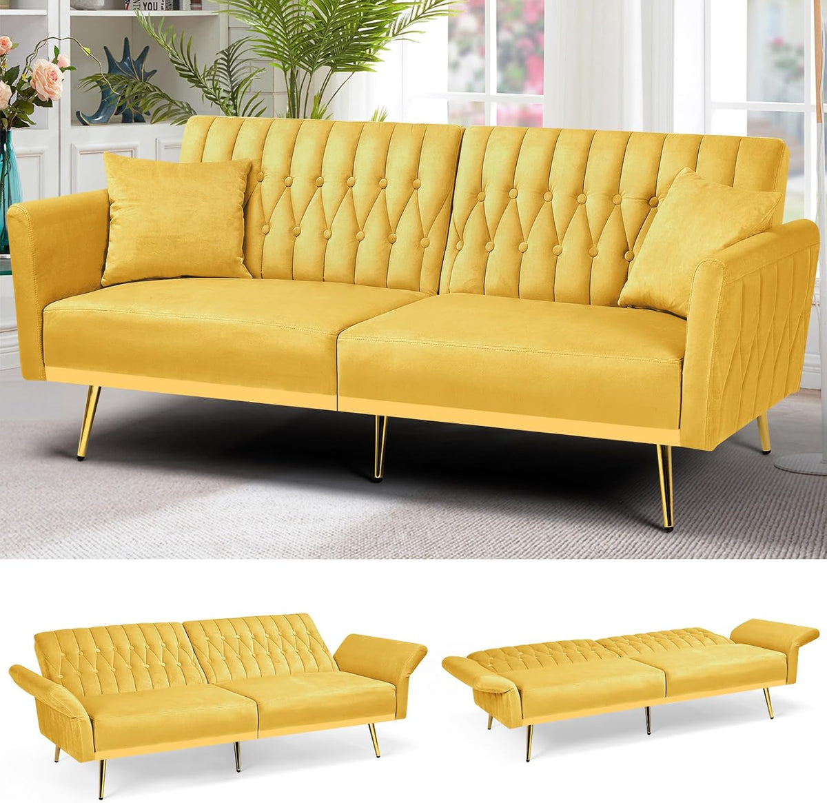 70” Velvet Futon Sofa Bed w/Adjustable Armrests & 2 Pillows, Convertible Futon Couch w/Adjustable Backrests, Modern Sleeper Bed for Living Room, Bedroom, Yellow