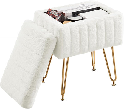 DUMOS Vanity Stool Chair Ottoman with Storage, Makeup Cute Soft Small Footstool Modern Style Faux Fur Seat with 4 Metal Legs & Adjustable Feet for Dressing Living Room Bedroom Dorm