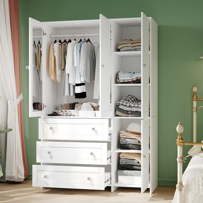 VOWNER 71" Armoire Wardrobe Closet with 3 Drawers and Mirror | Clothing Storage Cabinet with Hanging Rod, 4 Doors Wooden Wardrobe Cabinet for Bedroom, Large Capacity Storage