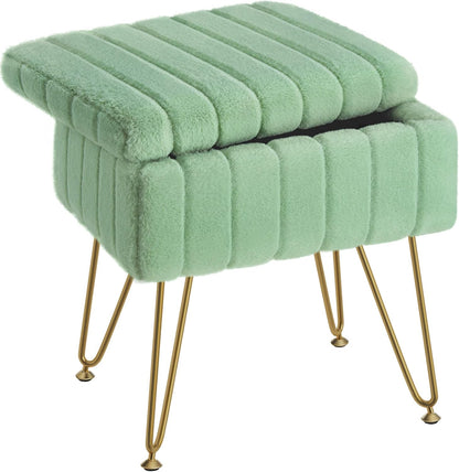 Greenstell Vanity Stool Chair Faux Fur with Storage, 15.7"L x 11.8"W x 19.4"H Soft Ottoman 4 Metal Legs with Anti-Slip Feet, Furry Padded Seat, Modern Multifunctional Chairs for Makeup, Bedroom,Green