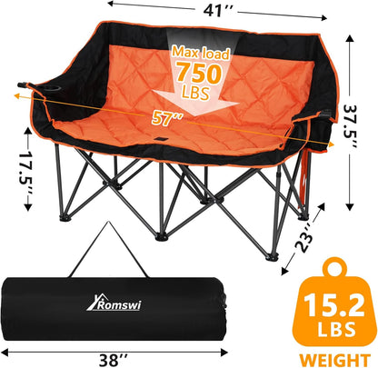 Romswi Double Camping Chair,2 Person Camping Chair Oversized Folding Loveseat,Heavy Duty Camping Couch & Outdoor Sofa with Cup Holders,Supports 750LBS Orange