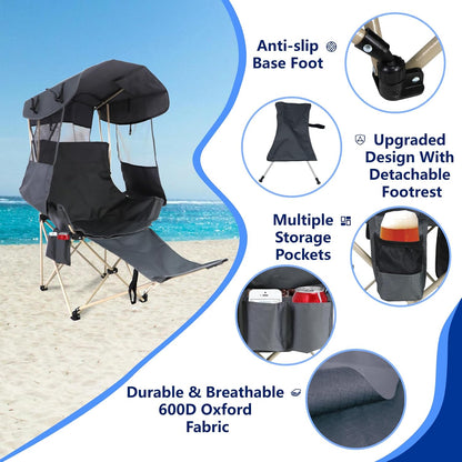 Folding Camping Chairs Canopy Outdoor: Sports Portable Beach Chair with Canopy-Lawn Beach Chairs with Umbrella for Adults-Camping Chair with Shade for Fishing Camp Heavy Duty (Casual, Grey)