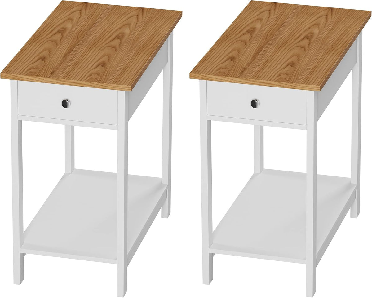 Side Table Set - Small Nightstand Set of 2 with Drawer and Open Storage Shelf - Traditional Style Bedroom or Living Room Furniture - Use as Bedside Tables or End Tables by Lavish Home (White)