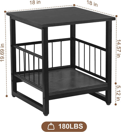 End Table, Industrial Side Table with 2-Tire Storage Shelf, 180LBS Mini Fridge Stand with Adjustable Feet, 18"x18" Wood Night Stand Small Bedside Table with Sturdy Metal Frame for Living Room Bedroom