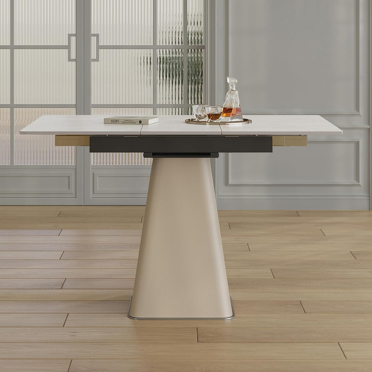47.2" Retractable Rock Slab Folding Dining Table, Modern Expandable Kitchen Table with Leather-Wrapped Stainless Steel Base, Space Saving Square Dining Table for Small Apartments