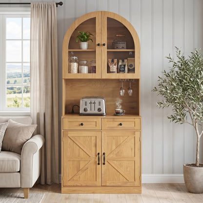 75" Farmhouse Tall Arched Pantry Cabinet with Charging Station, Adjustable Shelves, Coffee Bar Open Countertop, Oak (Oak + MDF)
