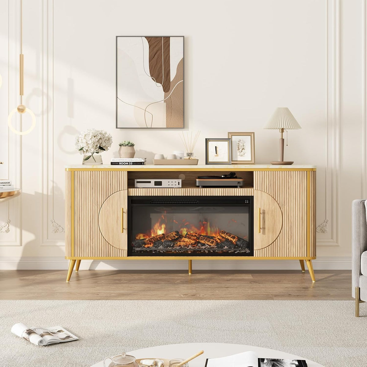 Fluted Fireplace TV Stand Up to 80" TVs, Modern Entertainment Center with 30" Electric Fireplace, Luxury Media Console with Adjustable Shelves for Living Room, Nature Oak