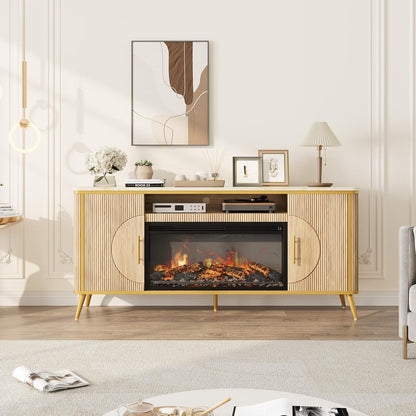 Fluted Fireplace TV Stand Up to 80" TVs, Modern Entertainment Center with 30" Electric Fireplace, Luxury Media Console with Adjustable Shelves for Living Room, Nature Oak