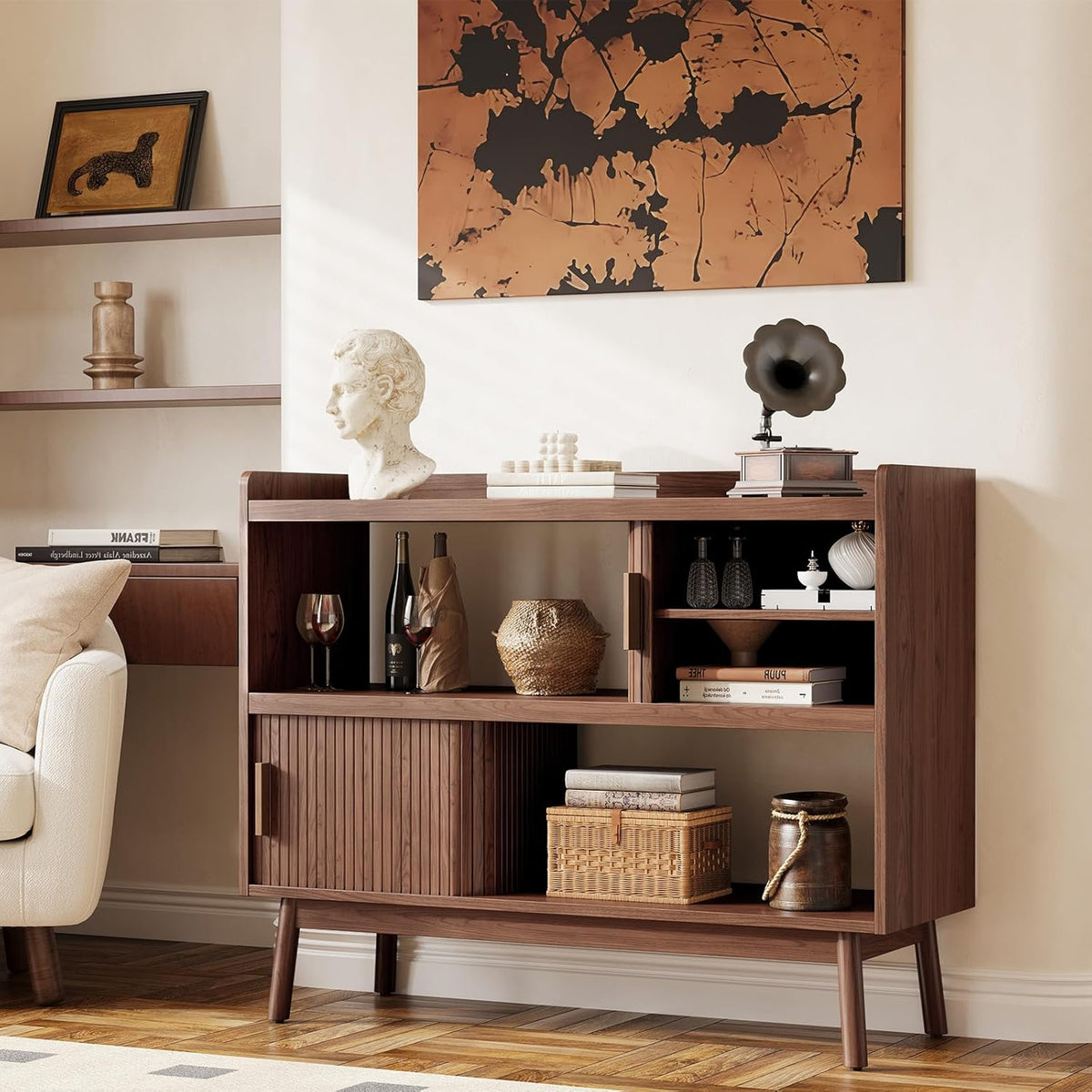 ONBRILL 44" Sideboard Buffet Cabinet with Outlet & 2 Open Storage Spaces, Fluted Sideboard Cabinet with Sliding Door & Adjustable Shelves, Mid-Century Accent Coffee Bar Console Table with Wooden Feet