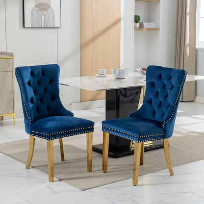 Velvet Dining Chairs Set of 6, Tufted Upholstered High Wingback Chairs with Nailhead Trim & Pull Ring, Golden Stainless Steel Legs for Dining Room, Sillas de Comedor, Blue