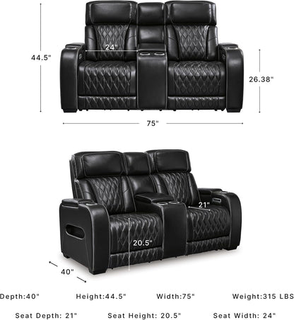 Signature Design by Ashley Boyington Power Reclining Loveseat with Console | A combination of leather and faux leather, Zero-gravity power recline, Air massage system and heat, USB storage console