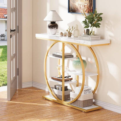 LIFECHOVY 41.3" Console Table for Entryway, Industrial Hallway Sofa Table with Storage Shelves, Narrow Accent Decor Living Room Furniture with Circle Base for Foyer, Entrance, White Gold