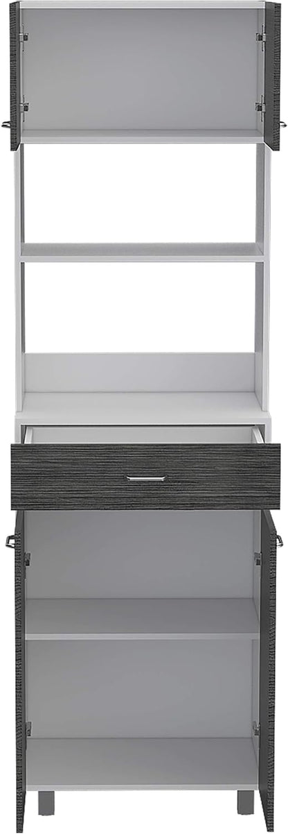 FM FURNITURE Auburn Microwave Pantry with 2 Cabinets, 2 Open Shelves, and Drawer, Smokey Oak/White