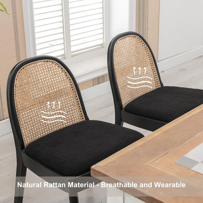 HEAH-YO Rattan Dining Chairs Set of 2, Upholstered Sherpa Dining Room Chairs with Backrests, Modern Kitchen Chairs with Wood Legs for Dining Room, Black