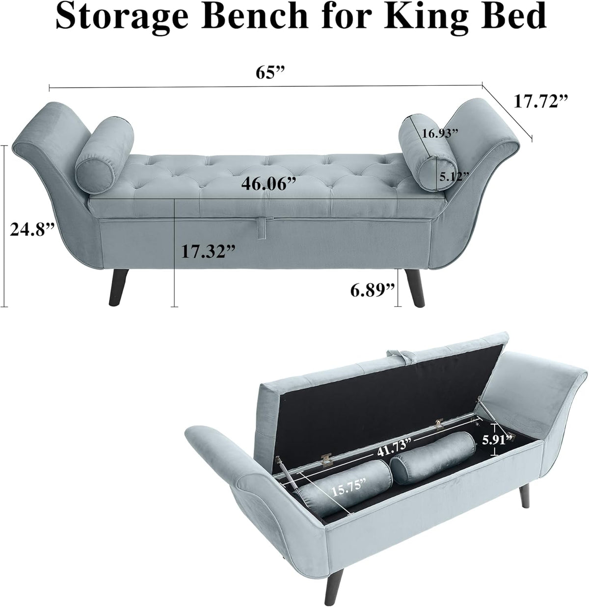 Velvet Bench for Bedroom End of Bed, 60.5 inch Upholstered Button Tufted Ottoman Bench with Rolled Arms, Button-Tufted Ottoman for Living Room, Entryway (Light Grey)