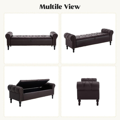 Faux Leather Storage Bench 67 Inch Upholstered Tufted Ottoman Bench with Arms Large Storage Space King Size End of Bed Bench for Bedroom Living Room Entryway Whiskey Coffee