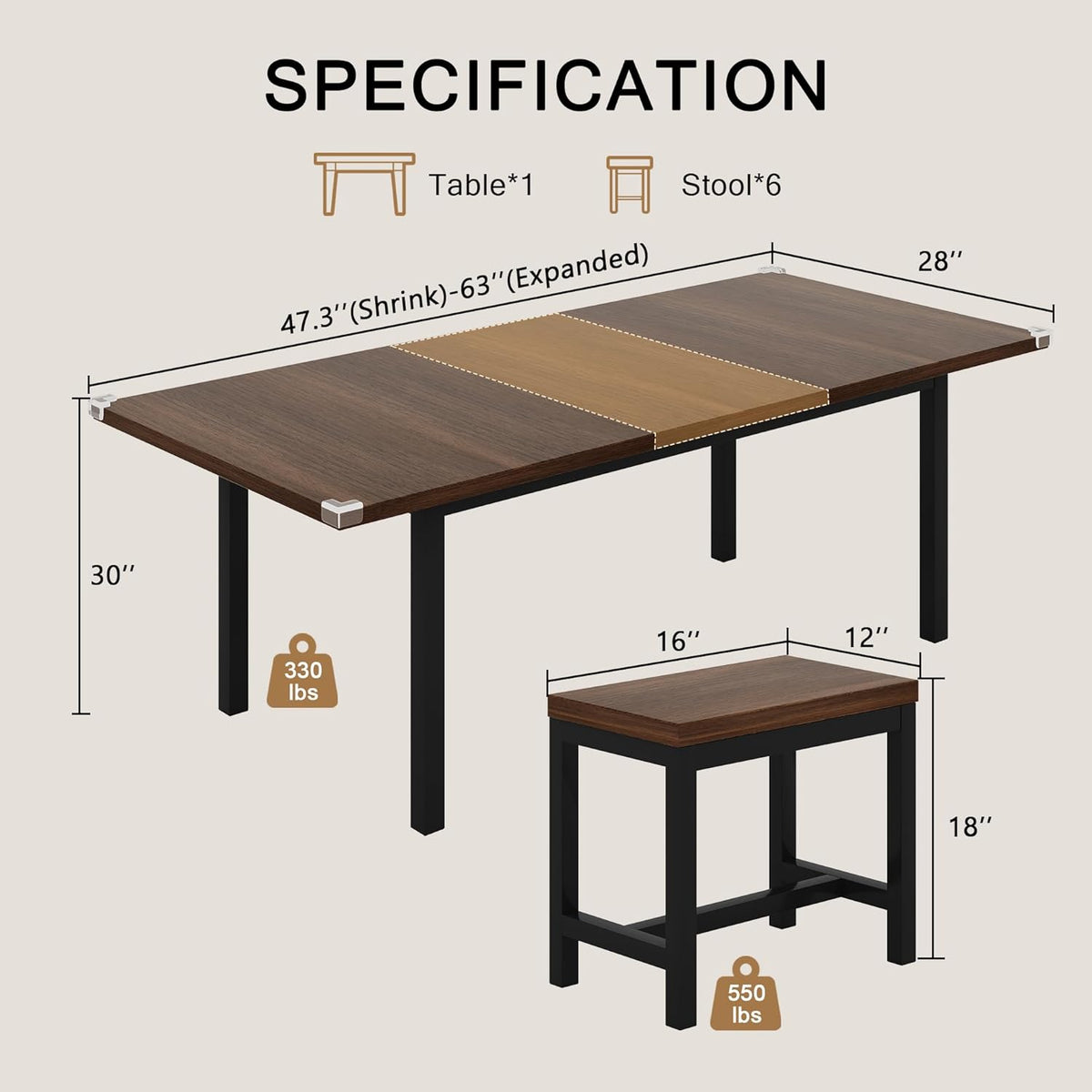 Einhomn 7-Piece Dining Table Set, 63" Extendable Kitchen Room Table with 6 Stools, Mid Century Modern Dinner Table with Metal Frame & MDF Board, Space-Saving, Easy Assembly, Walnut