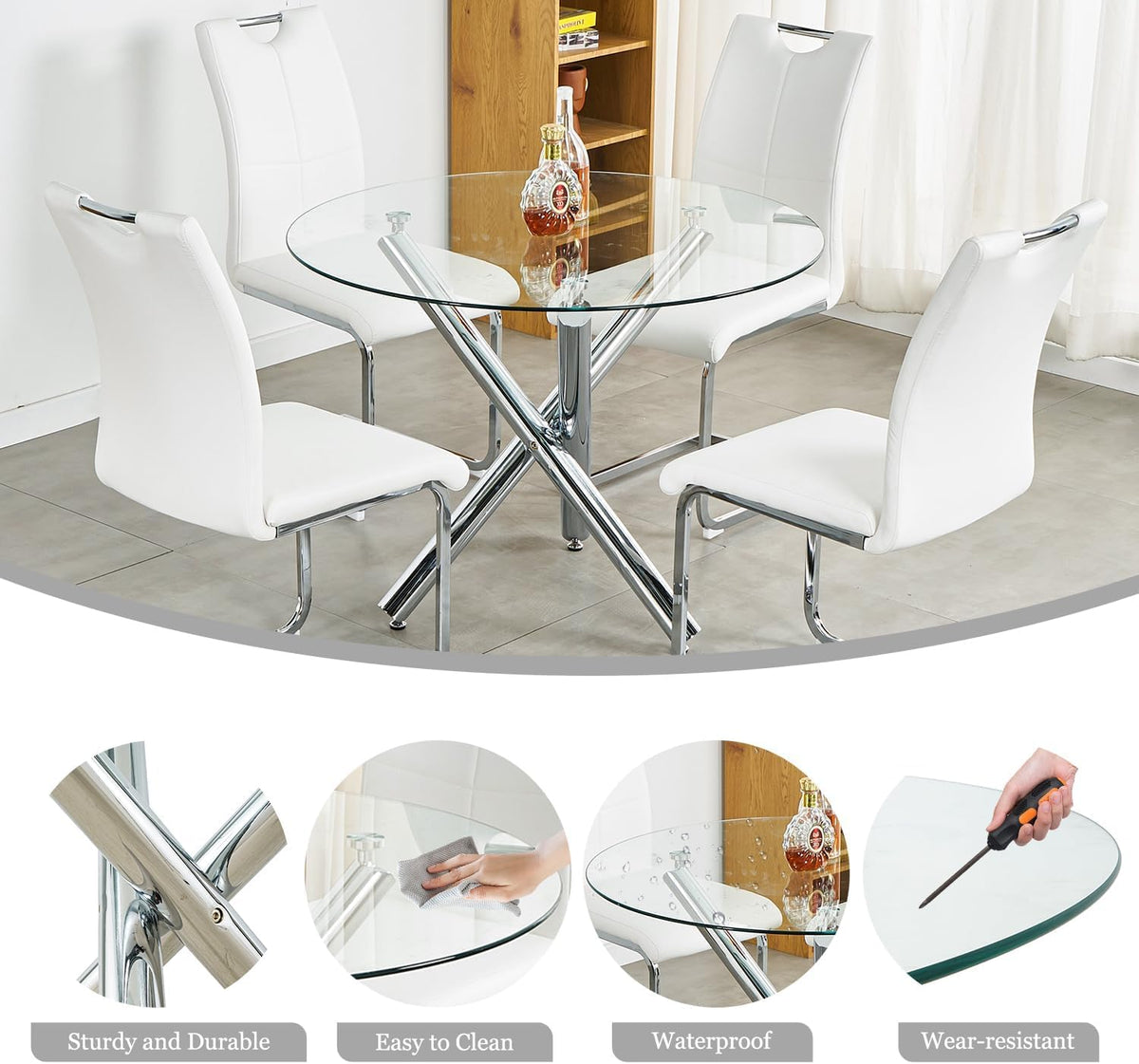 Round Glass Dining Room Table for 2-3, Modern Tempered Glass Top, Sturdy Chrome Legs, Adjustable Foot Pads, Kitchen Table for Living Room, Dining Room, Tea, Home, 35.5 Inch, Round Silver Base