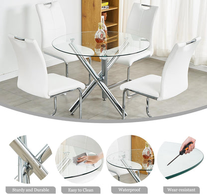 Round Glass Dining Room Table for 2-3, Modern Tempered Glass Top, Sturdy Chrome Legs, Adjustable Foot Pads, Kitchen Table for Living Room, Dining Room, Tea, Home, 35.5 Inch, Round Silver Base
