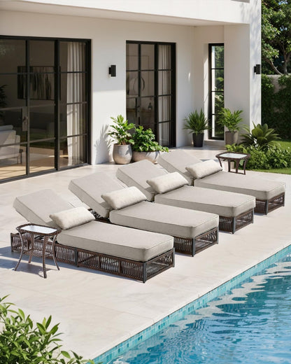 Luxury Outdoor Chaise Lounge with 5 Inch Thickened Cushion - 1 Set High Back Outside Brown Wicker Patio Recliners Rattan Reclining Chair Porch Poolside Pool Sunbathing Lounger - Beige
