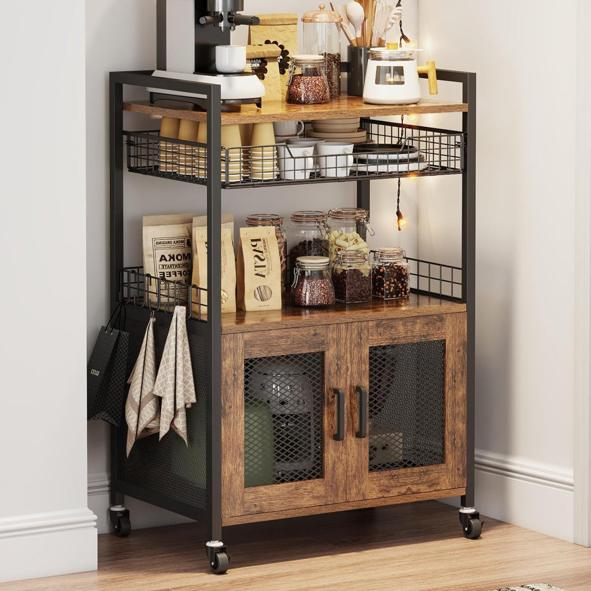 Hencawima Coffee Bar Cabinet, 3 Tier Coffee Station Table on Wheels, 35.9" H Bar Cart with Wire Basket Drawer & 5 Hooks for Home Kitchen, Liquor Buffet Sideboard Cabinet (Rustic Brown)